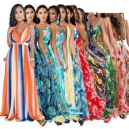 famous brandDesigner dresses for women sexy strapless sexy v neck backless chiffon maxi dress designer for women Sleeveless with flora printed and Top Quality comfo