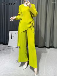 Women's Two Piece Pants GVUW Pleated Three Set For Women O-neck Drawstring Top Solid Colour Coat Wide Leg 2024 Summer Female Clothing 17J0719