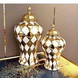 Storage Bottles Diamond Check Gold-plated Ceramic General Tank Jar Ginger Jars White Porcelain Jewelry Box Desk Decoration Flower Vase