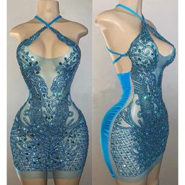 Sexy Blue Short Prom Dresses For Black Girls Beading Sequined Halter Neck See Thru Vestidos De Homecoming Mini Gown Cocktail Party Gowns