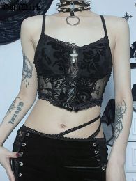 Camis Goth Dark Lace See Through Flocking Mall Gothic Camisole Grunge Sexy Bandage Bodycon Crop Tops Women Black Emo Alt Streetwear