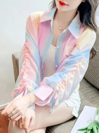 Shirt Jmprs Chiffon Women Rainbow Shirts fashion drawstring Sexy Summer Thin Crop Tops Long Sleeve Sun Protection Blouse