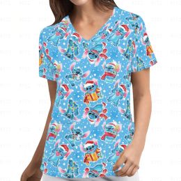 Dress 2023 Women's Frosted Short Sleeve V Neck Medical Uniform Top Cartoon Work Nurse Uniform Christmas Thanksgiving TShirt