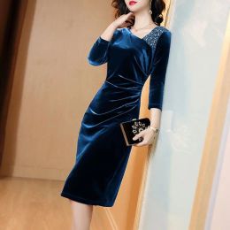 Dress Elegant Skew Collar Solid Colour Diamonds Folds Midi Dress Women's Clothing 2023 Autumn Winter Slim Office Lady Ladies Dresses