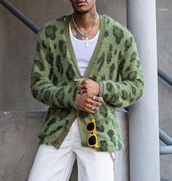 Men039s Sweaters Fall Winter Green Leopard Printed Sweater Long Sleeve Slim Casual Man Cardigan Knitted Men Outerwear Tops Afri7646422