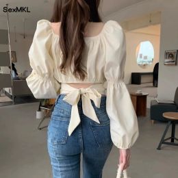 Blouse Vintage Puff Sleeve Crop Tops Women Korean Fashion Clothing Long Sleeve Casual Blusas Mujer Bow Autumn Winter Y2k Blouses Shirts