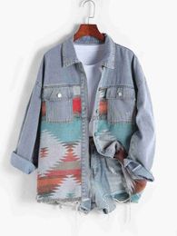 Women's Jackets Designer Ethnic Aztec Pocket Sleeve Shirt Retro Western Denim S 240305