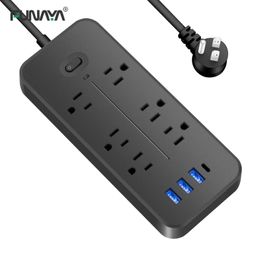 US Power Strip 6 AC Outlets 10A 110v 220v 3 USB Ports Sockets 1 TYPEC Smart Patch Panel 2000w Black Surge Protection Plug 240228