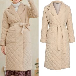 Parkas 2021 Autumn Winter Coat Womens Argyle Long Jacket Thin Parkas Double Breasted Belt Coat Plaid Trench Coats for Women Overcoat