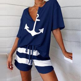 Sets Summer 2Pcs Women Tracksuit Boat Anchor Print Shirt Shorts Set Spring Elegant V Neck Pullover Ladies Sportswear Suits Pocket hot