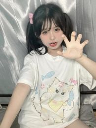 T-shirt QWEEK Japanese Kawaii Anime Graphic T Shirts Women Soft Girl Korean Cute Cartoon Cat Print Teres White Tops 2022 Summer Kpop