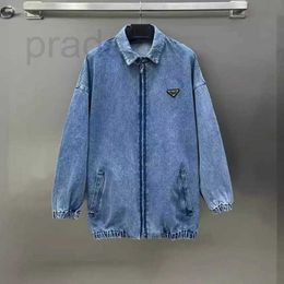 Jaquetas masculinas designer início da primavera novo produto lavado triângulo azul decorativo flip colarinho zíper fino denim casaco gr6f