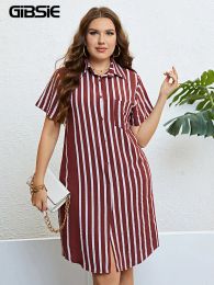 Dresses GIBSIE Plus Size Turndown Collar Striped Shirt Dress Women Pockets Casual Summer Short Sleeve Korean Fashion Midi Dresses