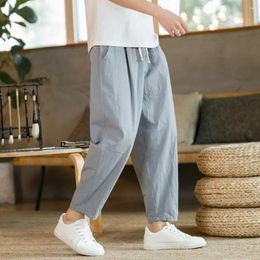 Men's Pants Men Cropped Trousers Loose Straight Drawstring Ninth With Elastic Waist Pockets Solid Color Breathable For Daily