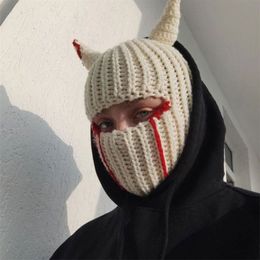 BeanieSkull Caps Halloween Funny Horns Knitted Hat Beanies Warm Full Face Cover Ski Mask Windproof Balaclava for Outdoor Sport 220268Z