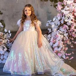 Girl Dresses Flower Dress Sequins Beaded Short Sleeves Tulle Princess Baby Birthday Party First Communion Wedding Gown