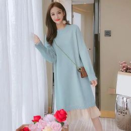 Dresses Korean Style Pregnant Woman Knitting Dress Long Sleeve Oneck Ruffles Hem Patchwork Maternity Basic Dress Elegant Lady Clothes