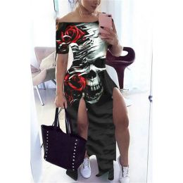 Dress Skull Dresses for Women Gothic Black Long Bohemian Dress Printing Ladies Casual Short Sleeve Off Shoulder Dresses Goth Fashion