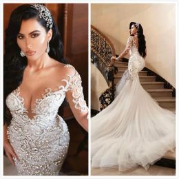 Vestidos de noiva luxuosos sexy árabes sereia com miçangas bordados vestidos de noiva com decote transparente mangas compridas vestidos de casamento