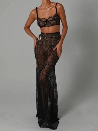 Suits Mozision See Through Lace Two Piece Skirt Sets Women Crop Top And Maxi Skirt Sets Elegant Party Beach Sexy Two Piece Set