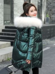 Parkas 2023 New Women Jacket Winter Parkas Long Coat Fur Collar Hooded Glossy Overcoat Female Cotton Padded Parka Waterproof Outwear