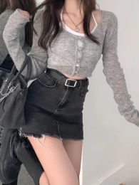 Cardigans Y2k Aesthetic Grey Solid Crop Cardigan Hollow Out All Match Slim Basic Knitted Harajuku 2024 Spring Casual Tops Women