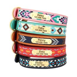 Ethnic Embroidery Personalised Dog Collar Handmade Leather Cat Necklace For Small Medium Large Dogs Collars Pet Supplies 240226