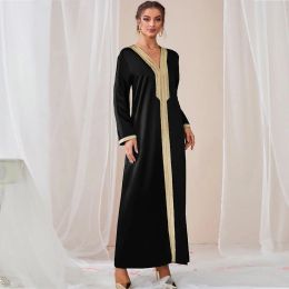 Dress Dubai Abayas Arabian Vneck Dress for Women Autumn Vneck Robe Moroccan Abaya Solid Full Sleeve Muslim Dress Femme Robe Vestidos