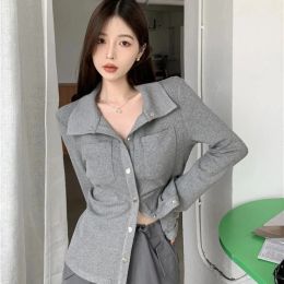 Cardigans Xpqbb Korean Chic Buttons Up Lapel Cardigan Women Grey White Slim Fit Long Sleeve Shirts Female Pockets Design Knitwear Tops