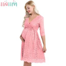 Dresses Womens Maternity Elegant Party Dress Floral Lace Overlay V Neck Half Sleeve Pregnant Photography Dresses for Wedding Evening