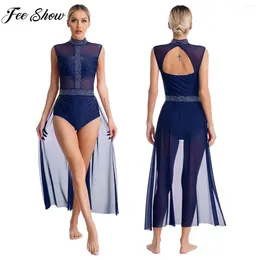 Stage Wear Women Contemporary Lyrical Dance Dancewear Ballet Gymnastics Skating Leotard Dress Sleeveless Rhinestone Sheer Mesh Bodysuit