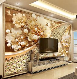 Custom Po Wallpaper 3D Embossed Gold Jewellery Flower Mural European Style Living Room TV Background Wall Painting Luxury Decor1910686