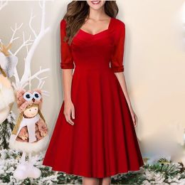 Dress OTEN Women Vintage Dress Wedding Guest Autumn Half Sleeve Solid Red Christmas Party Casual Evening Gowns Midi Vestidos De Fiesta