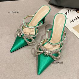 New Glitter Rhinstones Women Pumps Mules Crystal Bowknot Green Satin Summer Lady Stripper High Heels Party Prom Shoes