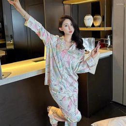 Womens Sleepwear Satin Pyjamas Set Women Flower Print Silk Pyjama Femme Short Sleeve Loungewear Home Pijama Two Piece Suit