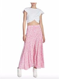 skirt Women's Pink Blue Midi Skirt Asymmetrical Floral Print 100% Viscose 2023 Summer Slit High Waist Female Jupe