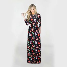 Dress Christmas women retro print Oneck elegant dress sexy elastic waist long ladies party dress autumn and winter plus size dress