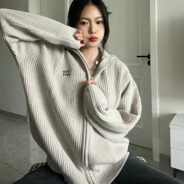 Cardigans Deeptown Vintage Grey Sweater Women Korean Style Zipper Knit Cardigan Japanese Fashion Streetwear Oversized Knitwear Aesthetic