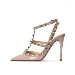 Dress Shoes 2024 Spring/Summer Lacquer Leather Rivet Pointed Thin Heel Naked High Heels Women's Sexy Single Liuding Hollow Sandals