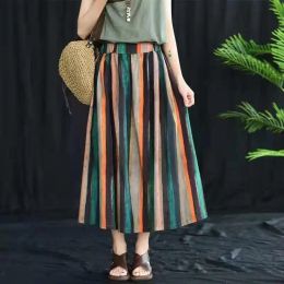 Dresses New Japanese Mori Girl Women Midi Skirt High Waist Colourful Striped Jupe Femme Longo Elegant Vintage Cotton Linen Skirts Womens