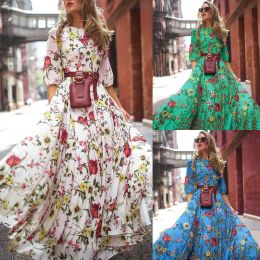 Dress 2023 Spring Summer New Women's Medium Sleeve Round Collar Long Dress Chiffon Print Swing Long Skirt Bohemian Resort Dress