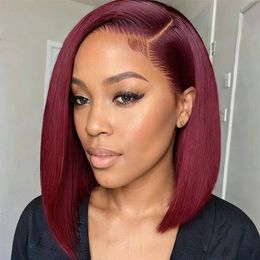 Peruvian 13x4 frontal lace bob wig Straight side part burgundy asymmetrical 14inch lace front wig