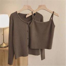 Cardigans Korean Twopiece Suits Casual Sling Camisole Knitted Cardigan Jacket 2021 Spring Slim Fit Fashion Solid 2 Piece Sets Female