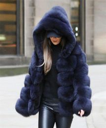 2018 New Fashion Hooded Full Sleeves Winter Fur Coat Navy Blue Casual Women Faux Fur Thick Warm Jacket Fourrure Femme1149055