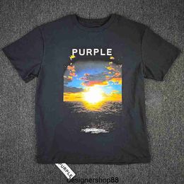 Best Quality Purple Brand Mens Casual Cotton Short Sleeve Loose Round Neck Illustration Sunset Black T-shirt