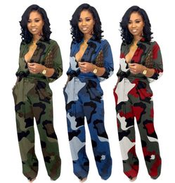 Designer Spring Women Camouflage Jumpsuits Print Long Sleeve Button Jumpsuit Turndown Neck Military Straight Sashes Romper Casual8748002