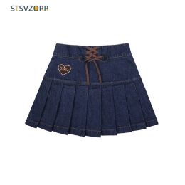 Dresses Stsvzorr Y2k Love Sweet Denim Short Skirt Women's Summer New Highwaisted Laceup Pleated Skirt with Hip Skirt