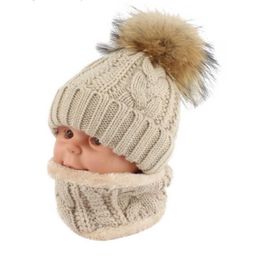 Children kids Winter Hat Scarf set Raccoon Fur Ball Hat Pom pom Beanies Baby Girls Warm Fleece Cap Scarf Set301T