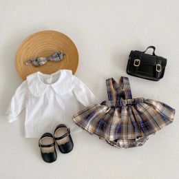 Dresses Cute Newborn Baby Girl Clothes 03Years Princess Kids Long Sleeve Peter Pan Collar Shirt Tops Plaid Strap Dress Romper Outfits