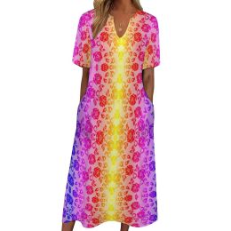 Dress Faux Roses Dress Lace Fishnet Colourful Kawaii Maxi Dress Fashion Casual Long Dresses Women Short Sleeve Design Big Size Vestidos